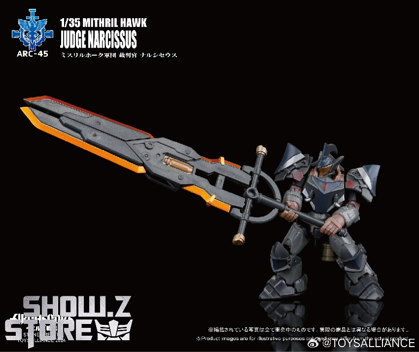 Dark mecha figure with orange striped sword weapon shown combat-ready stance Dark mecha figure with orange striped sword weapon shown combat-ready stance