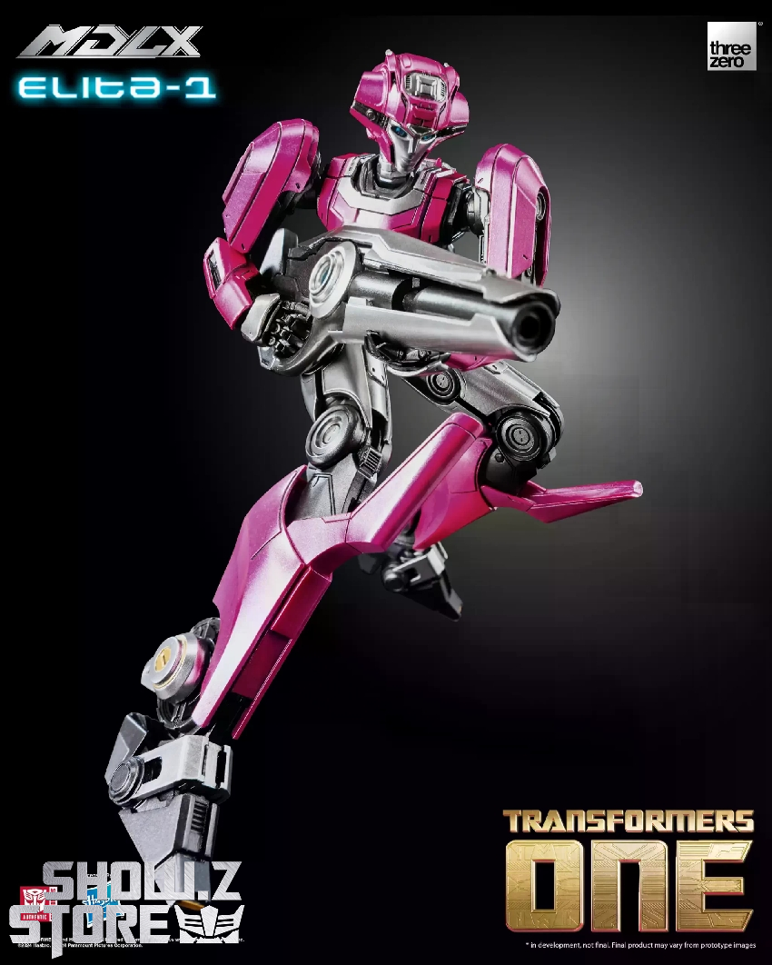 Threezero MDLX Elita character posed mid-action with energon blades extended Threezero MDLX Elita character posed mid-action with energon blades extended