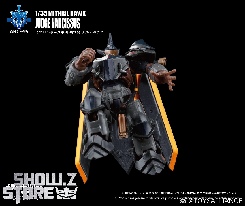 Dark gray military mecha holding extended sword weapon displayed side angle Dark gray military mecha holding extended sword weapon displayed side angle
