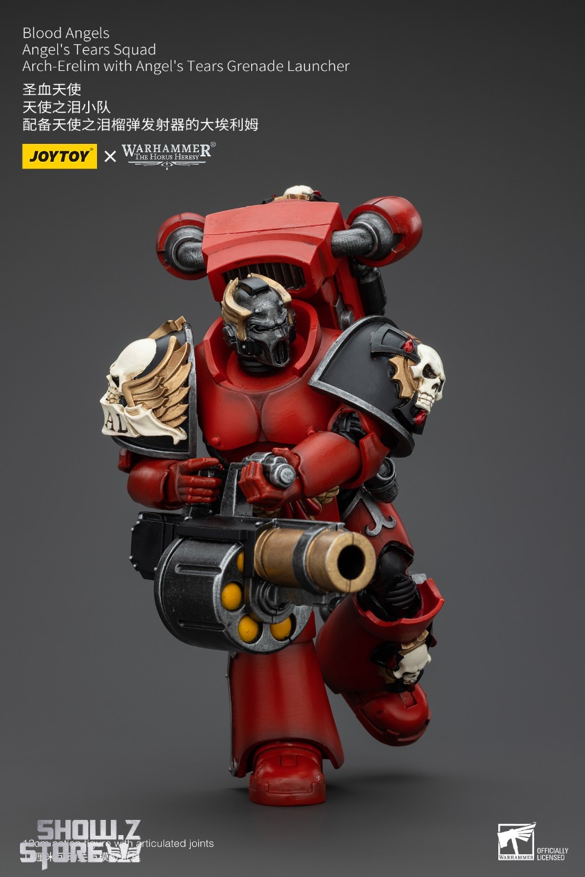 Multiple angle views of articulated red armor power suit displayed Multiple angle views of articulated red armor power suit displayed