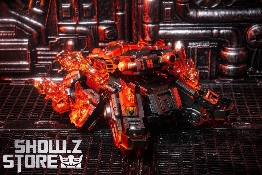 Orange transforming robot with flame effects and articulated limbs display Orange transforming robot with flame effects and articulated limbs display