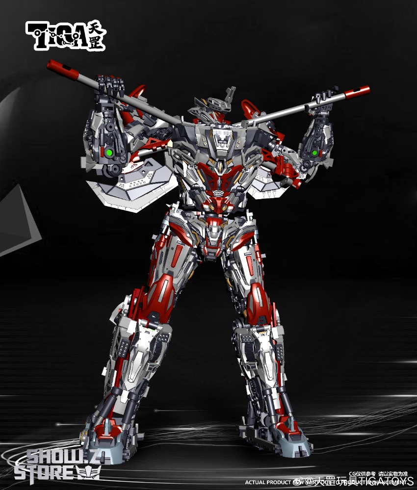 Red and white Type 075 amphibious assault ship in robot form with weapons Red and white Type 075 amphibious assault ship in robot form with weapons