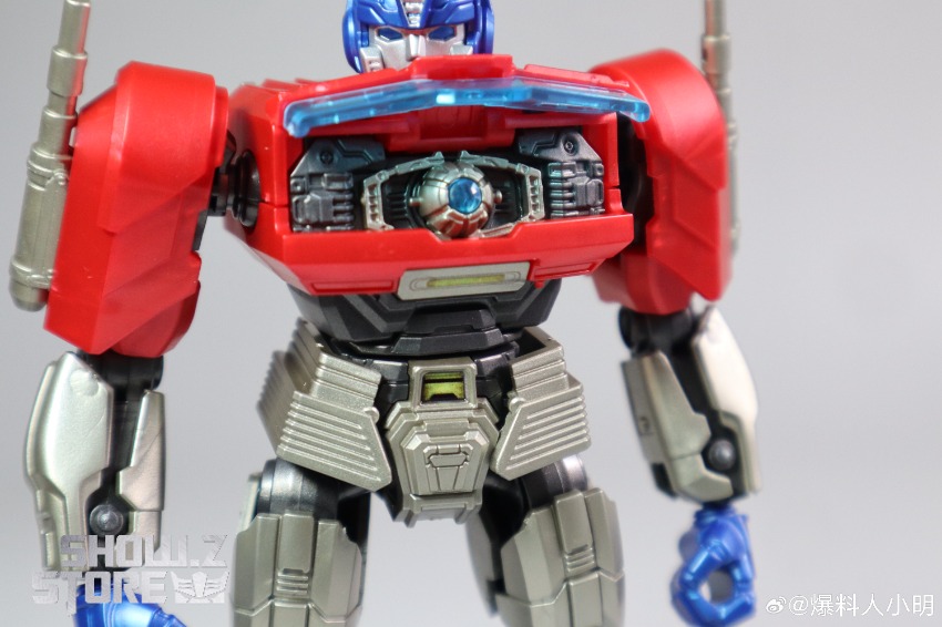 Blue and red Transformers character in dynamic standing position displayed Blue and red Transformers character in dynamic standing position displayed