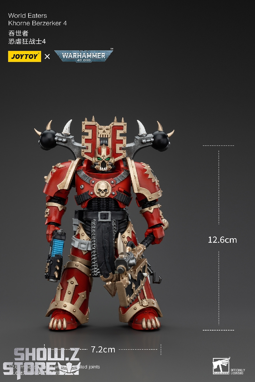 Detailed front view heavily armed Warhammer 40K daemon warrior red armor Detailed front view heavily armed Warhammer 40K daemon warrior red armor