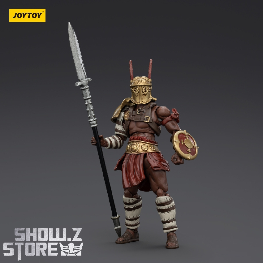 Gladiator figure wearing distinctive horned helmet and carrying defensive shield Gladiator figure wearing distinctive horned helmet and carrying defensive shield