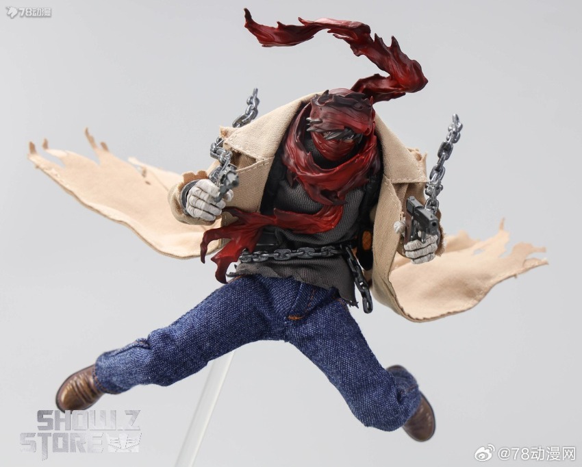 Ryoma figure jumping in dynamic pose with red flowing scarf and dual weapons Ryoma figure jumping in dynamic pose with red flowing scarf and dual weapons