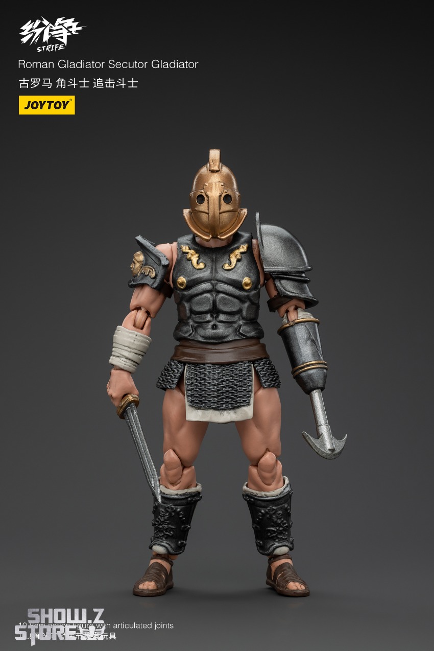 Roman Secutor gladiator showing frontal pose with helmet full armor Roman Secutor gladiator showing frontal pose with helmet full armor
