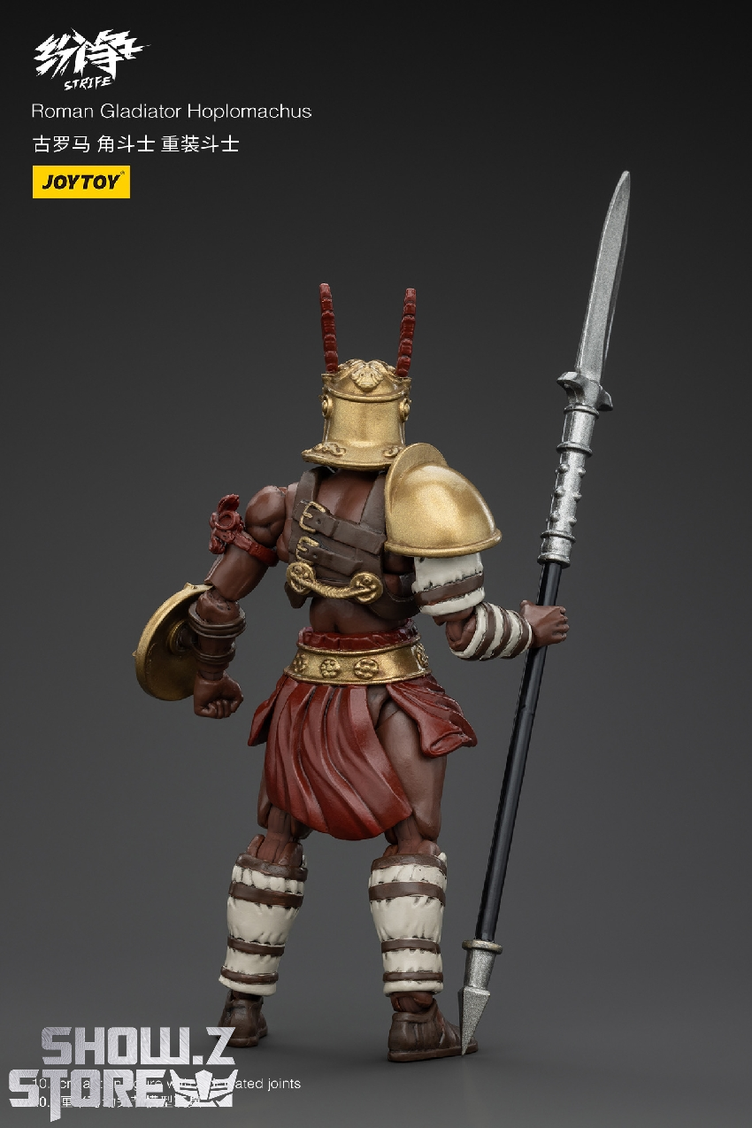 Figure in combat stance displaying helmet armor and shield protection details Figure in combat stance displaying helmet armor and shield protection details