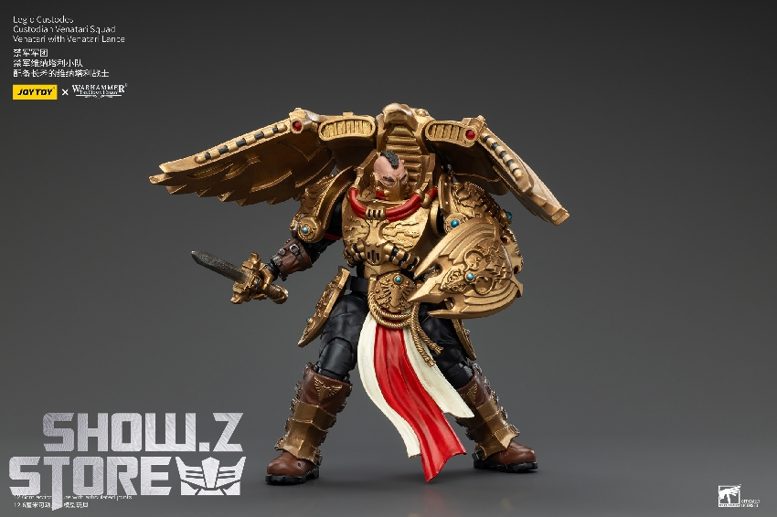 Golden armored Custodes warrior with ornate winged armor combat weapons Golden armored Custodes warrior with ornate winged armor combat weapons