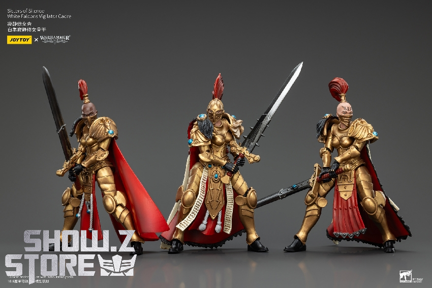 Three Warhammer Sisters of Silence armored warriors distinct armor configurations Three Warhammer Sisters of Silence armored warriors distinct armor configurations