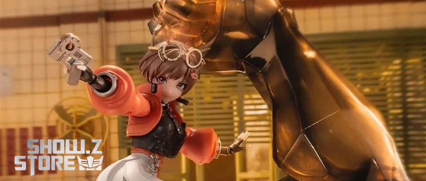 Anime girl character in orange outfit with rifle posing against golden background Anime girl character in orange outfit with rifle posing against golden background