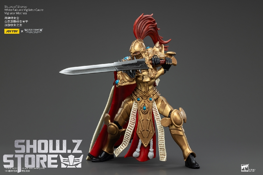 Sisters of Silence figure detailed armor flowing cape holding silver blade Sisters of Silence figure detailed armor flowing cape holding silver blade