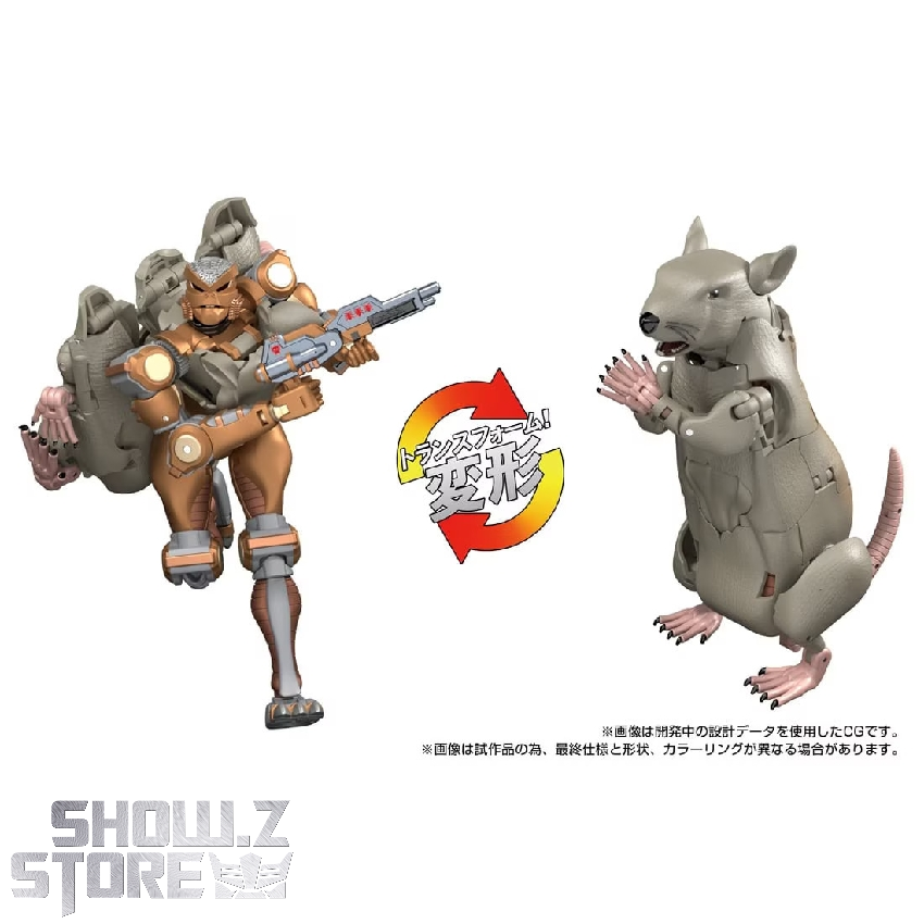 Transformation sequence showing gray rodent and brown robot mode beast warrior Transformation sequence showing gray rodent and brown robot mode beast warrior