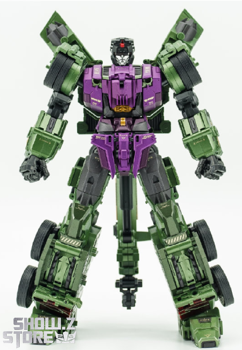 Hook robot figure standing with green legs purple torso in full pose Hook robot figure standing with green legs purple torso in full pose