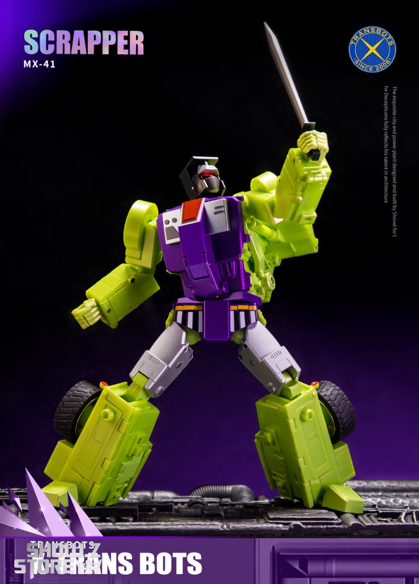 XTransbots MX-41 Scrapper yellow green purple robot standing XTransbots MX-41 Scrapper yellow green purple robot standing