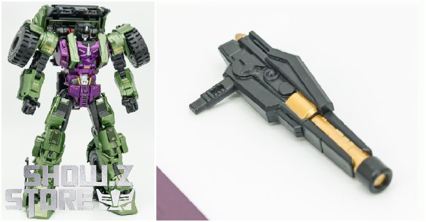 Green and purple Scrapper robot humanoid form with articulated details Green and purple Scrapper robot humanoid form with articulated details