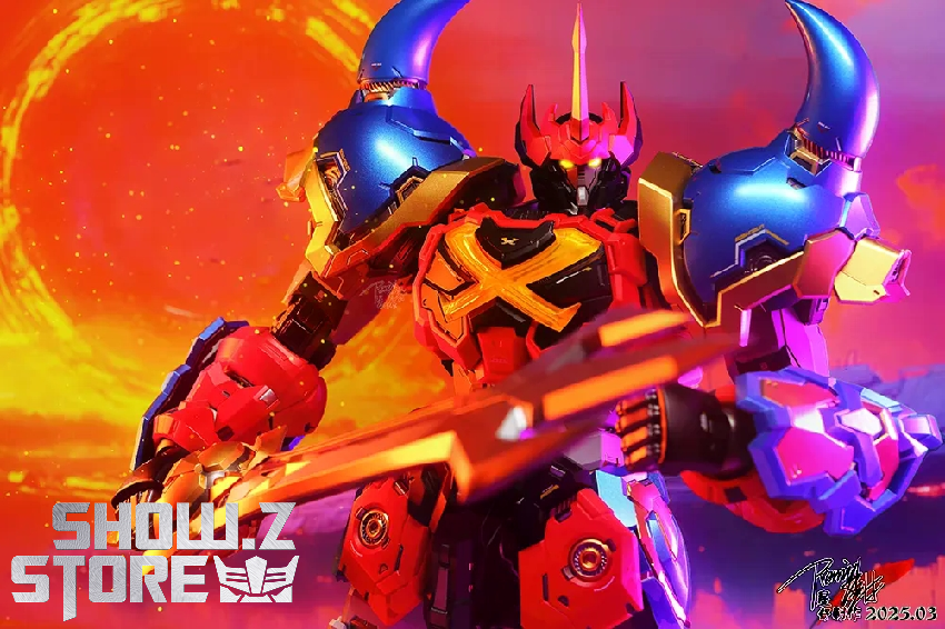 Purple and white GoShogun robot in humanoid battle stance orange accents Purple and white GoShogun robot in humanoid battle stance orange accents