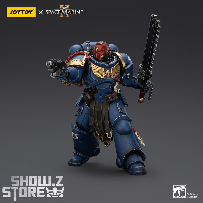 Blue Space Marine sergeant combat pose large caliber weapon Blue Space Marine sergeant combat pose large caliber weapon
