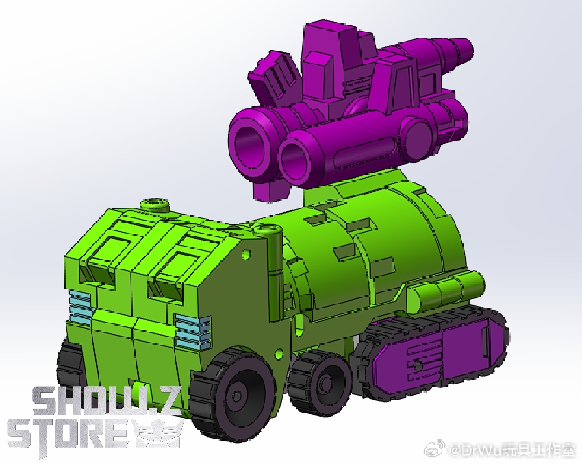 Purple robot upper body mounted lime green construction vehicle Purple robot upper body mounted lime green construction vehicle