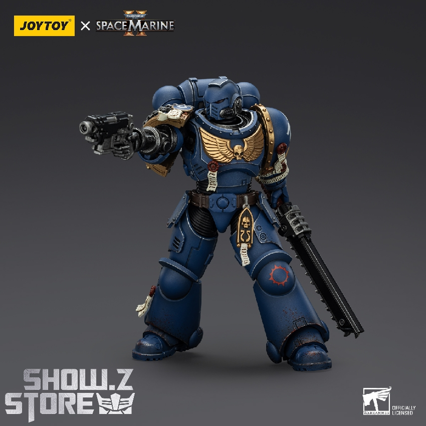 Blue Space Marine brother aggressive combat pose equipped firearm Blue Space Marine brother aggressive combat pose equipped firearm