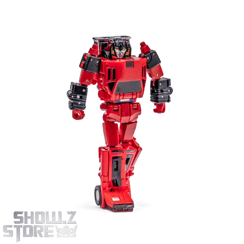 Red robot articulated limbs black accents neutral stance Red robot articulated limbs black accents neutral stance