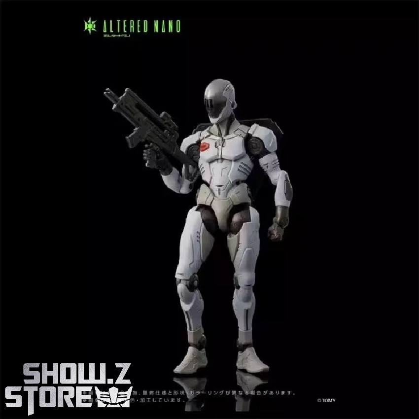 Gray Altered Nano robot holding black rifle weapon tactical standing Gray Altered Nano robot holding black rifle weapon tactical standing
