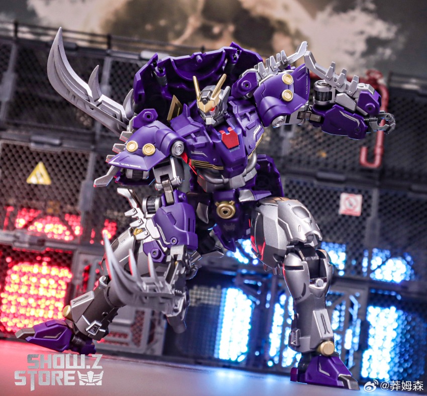 Purple warrior robot figure showcasing articulated joints battle-ready weapon Purple warrior robot figure showcasing articulated joints battle-ready weapon