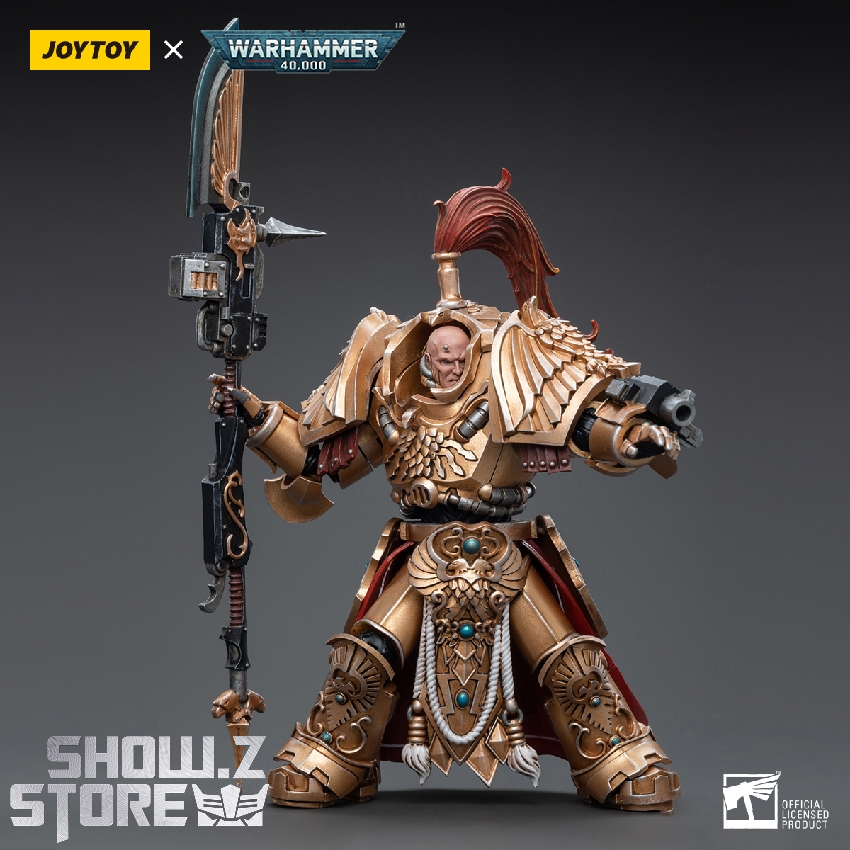 Gold red Custodes warrior holding large axe and ornate staff Gold red Custodes warrior holding large axe and ornate staff