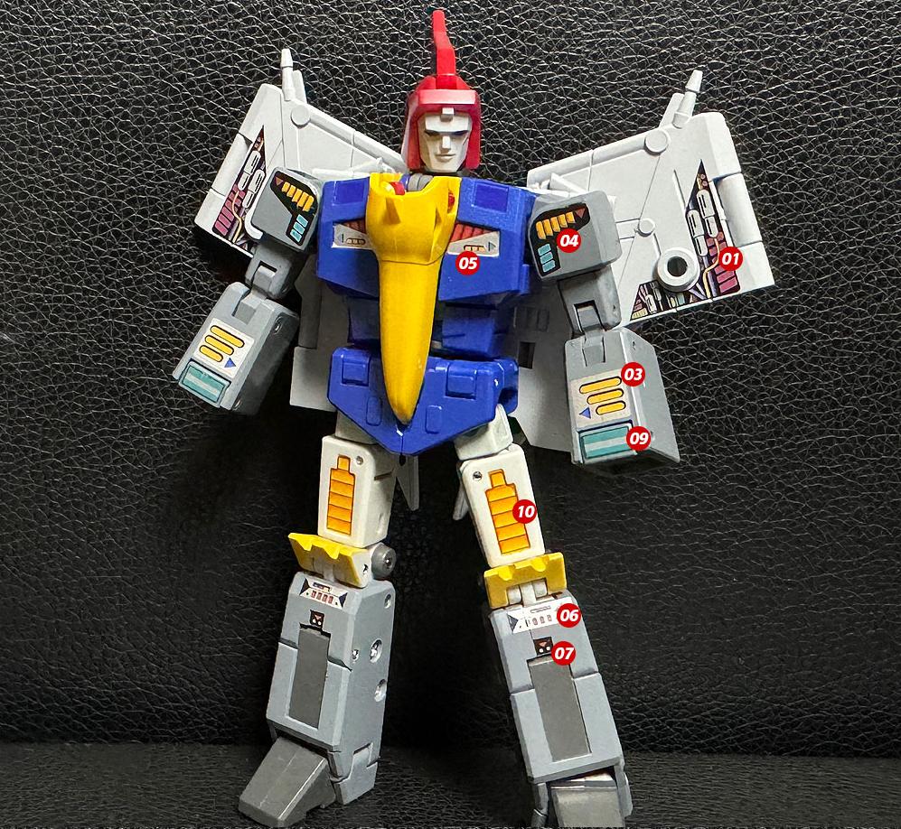 White blue NewAge H57 Freyr Swoop robot figure extended wings standing White blue NewAge H57 Freyr Swoop robot figure extended wings standing