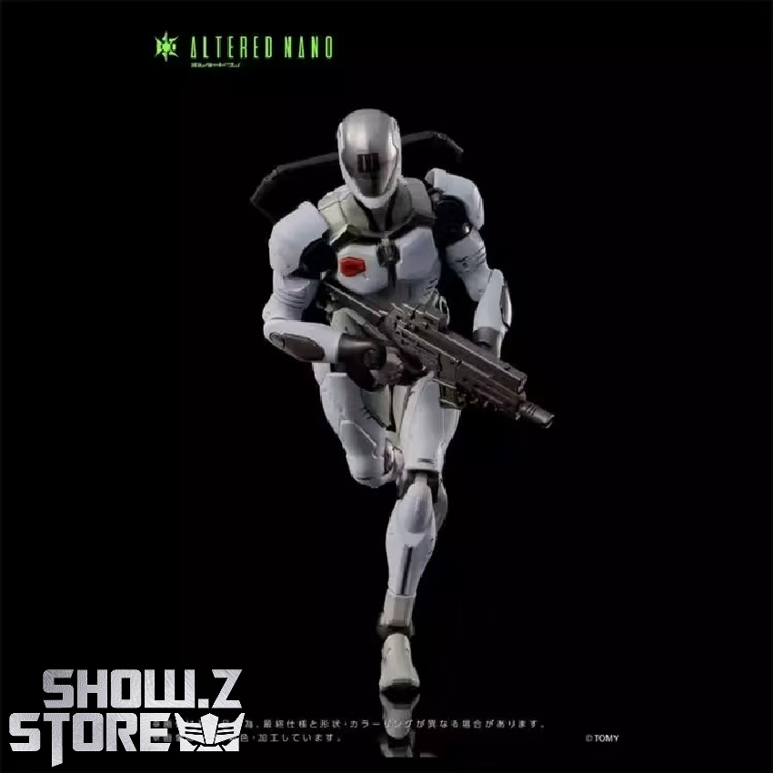 White gray Altered Nano AN-EX robot holding large rifle weapon combat White gray Altered Nano AN-EX robot holding large rifle weapon combat