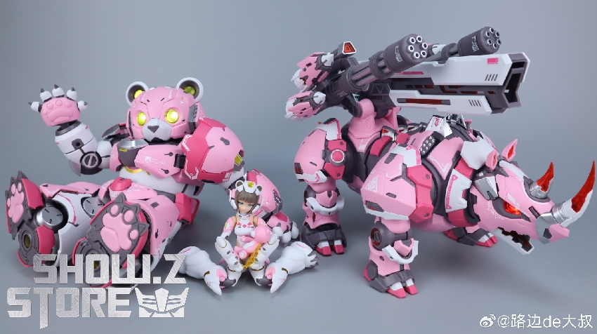 Pink Sloth mobile suit with large robot body and articulated joints displayed Pink Sloth mobile suit with large robot body and articulated joints displayed