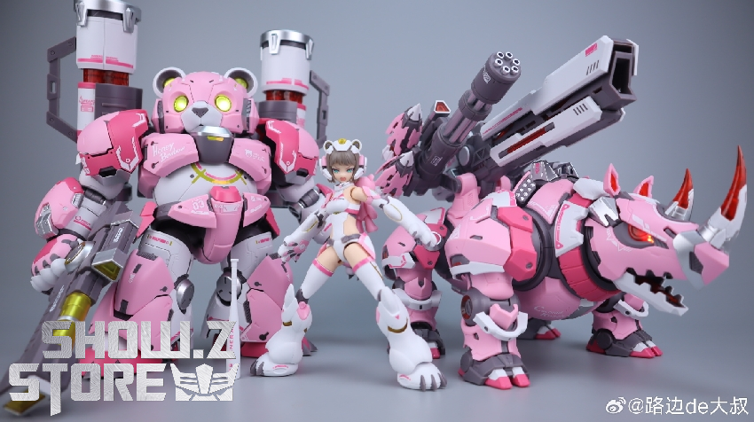 Complete pink Sloth mechanical suit with extended arsenal and tactical gear assembly Complete pink Sloth mechanical suit with extended arsenal and tactical gear assembly