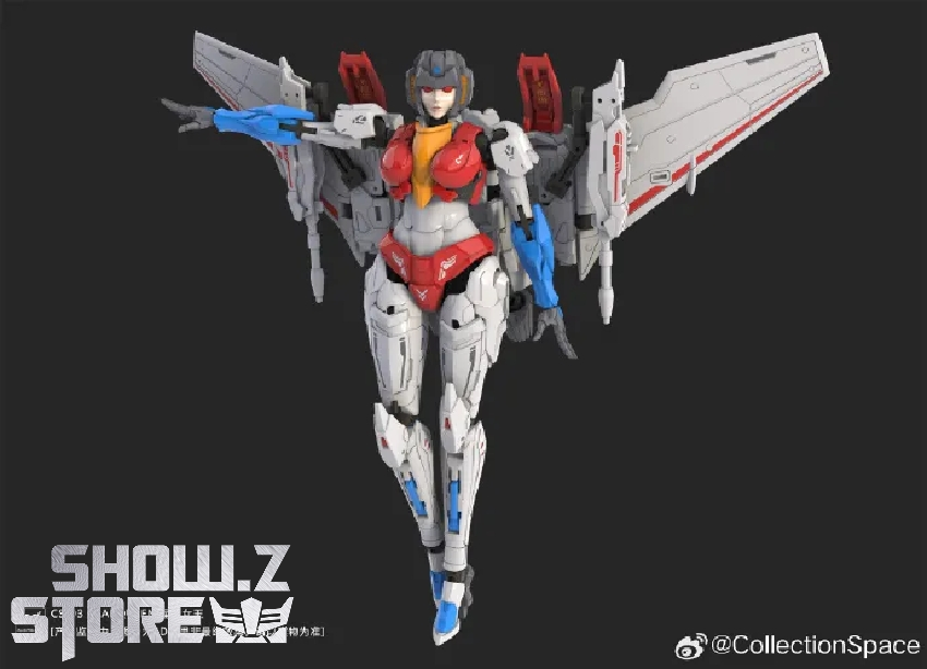 Female robot warrior with golden yellow orange wings displayed standing action Female robot warrior with golden yellow orange wings displayed standing action