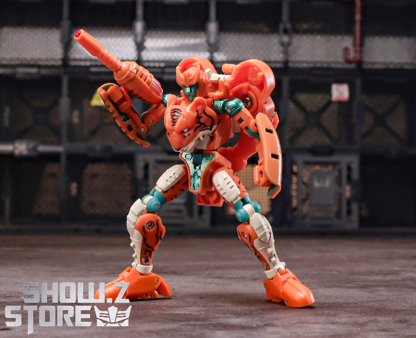 Orange beast robot arms raised standing pose Orange beast robot arms raised standing pose
