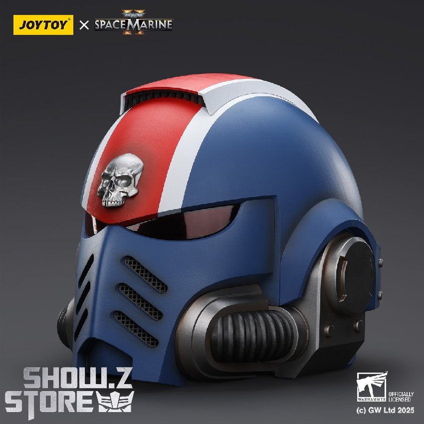 JoyToy Ultramarines blue red helmet side profile showing details JoyToy Ultramarines blue red helmet side profile showing details