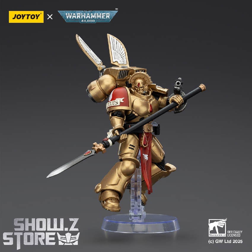 Figure with spread white wings and dual swords on display base Figure with spread white wings and dual swords on display base