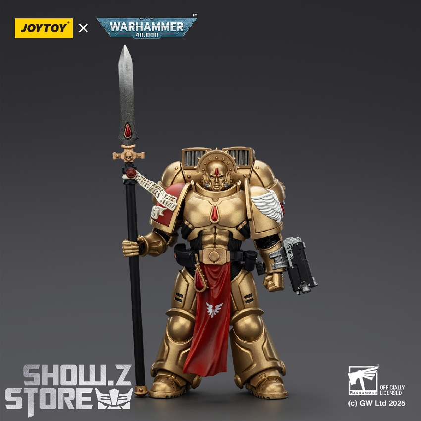 Golden armored figure holding long sword with skull pauldrons Golden armored figure holding long sword with skull pauldrons