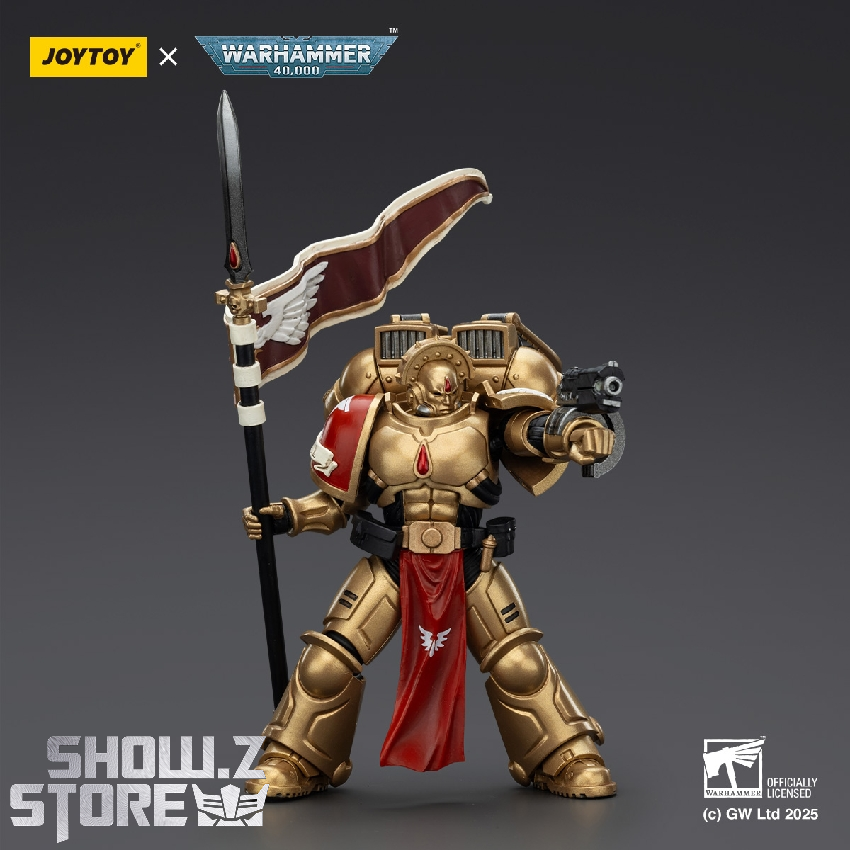 Profile view of guardian in gold armor with decorative curved staff Profile view of guardian in gold armor with decorative curved staff