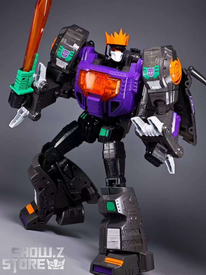 Reximus Prime Grimlock black mech with purple orange and colorful accent panels Reximus Prime Grimlock black mech with purple orange and colorful accent panels