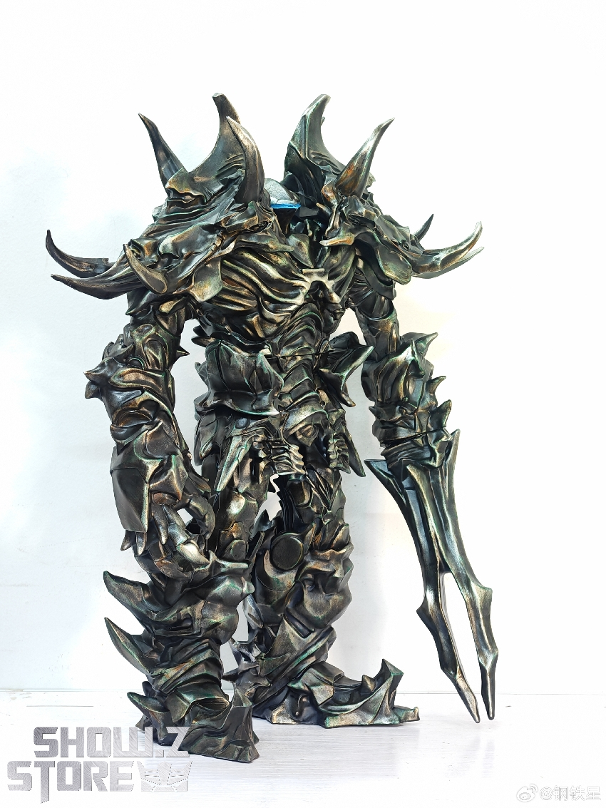 Dark armored beast figure with jagged spine and claw weaponry Dark armored beast figure with jagged spine and claw weaponry
