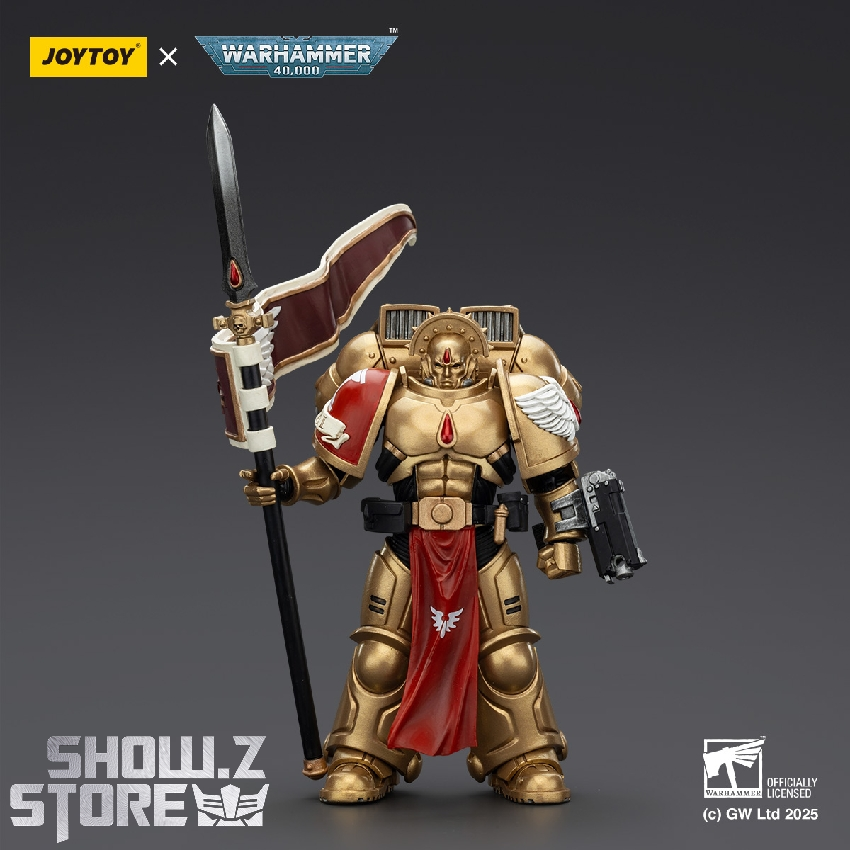 Golden armored guardian holding ornate curved blade with white accents Golden armored guardian holding ornate curved blade with white accents