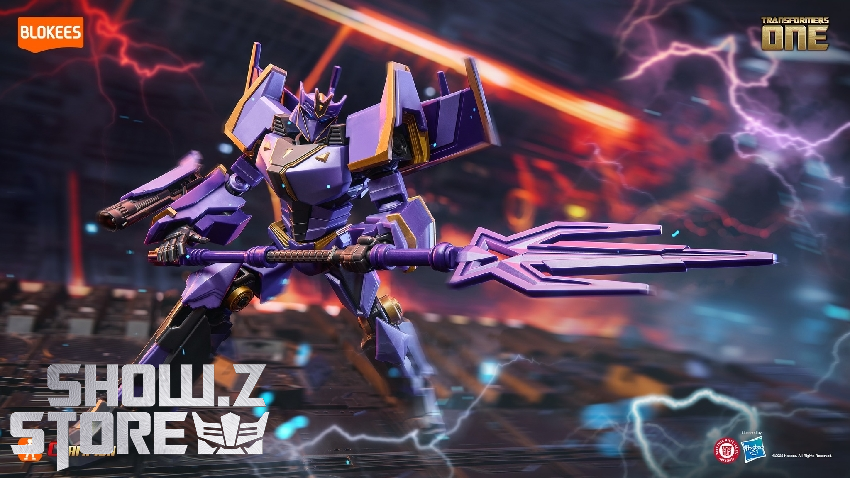 Purple robot with plasma weapons amid lightning effects Purple robot with plasma weapons amid lightning effects