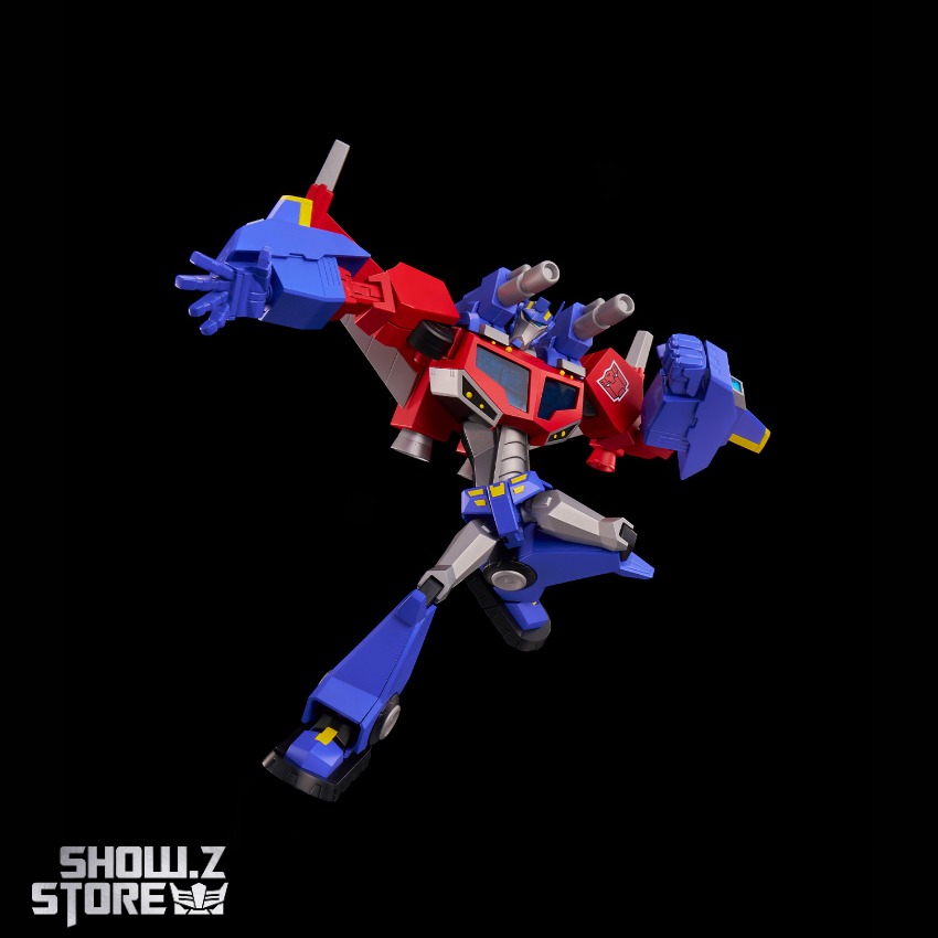 Red and blue robot in dynamic action pose display Red and blue robot in dynamic action pose display