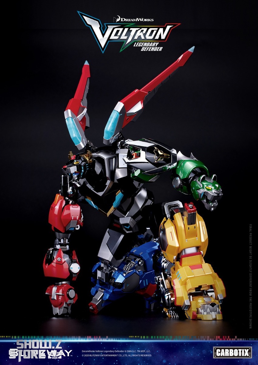 Five individual lion robots displayed above combined Voltron form Five individual lion robots displayed above combined Voltron form