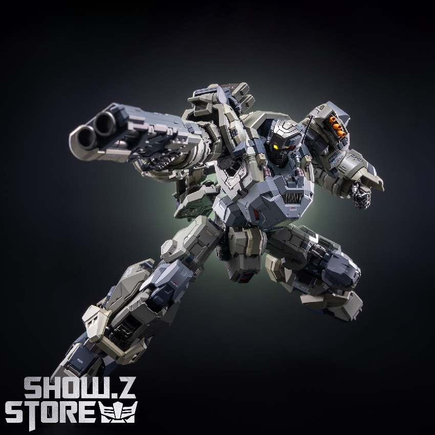 Four Moshow robot figures displayed in various poses shields weaponry Four Moshow robot figures displayed in various poses shields weaponry