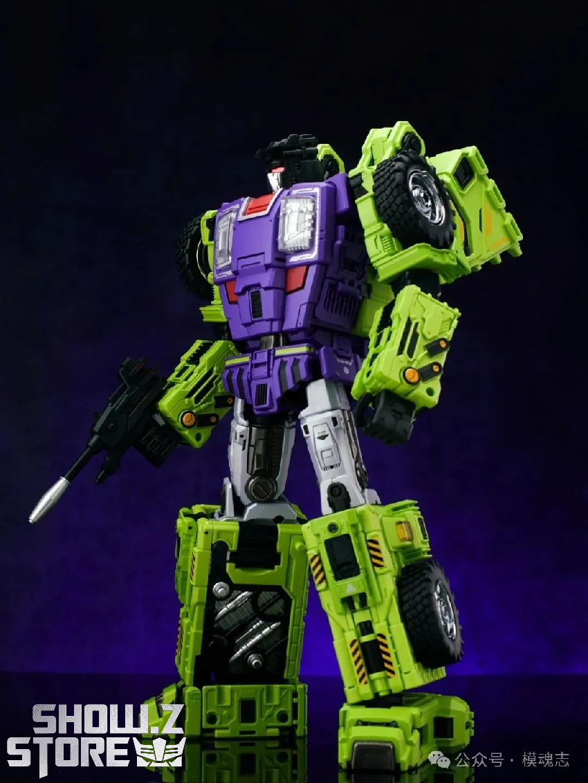 Green robot truck form displayed in action pose with purple black components Green robot truck form displayed in action pose with purple black components