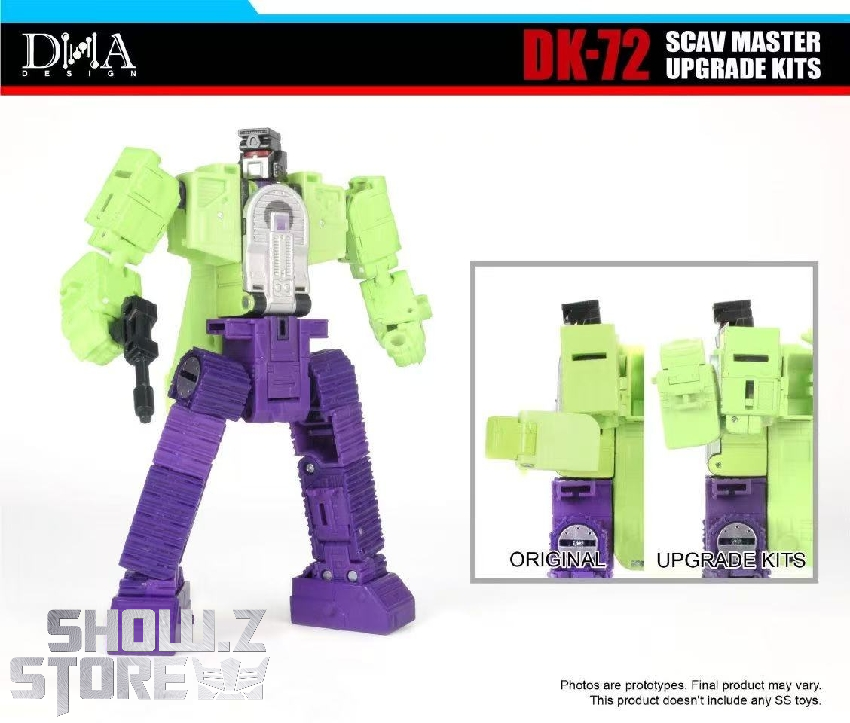 Green and purple Mixmaster figure standing with upgrade components shown Green and purple Mixmaster figure standing with upgrade components shown