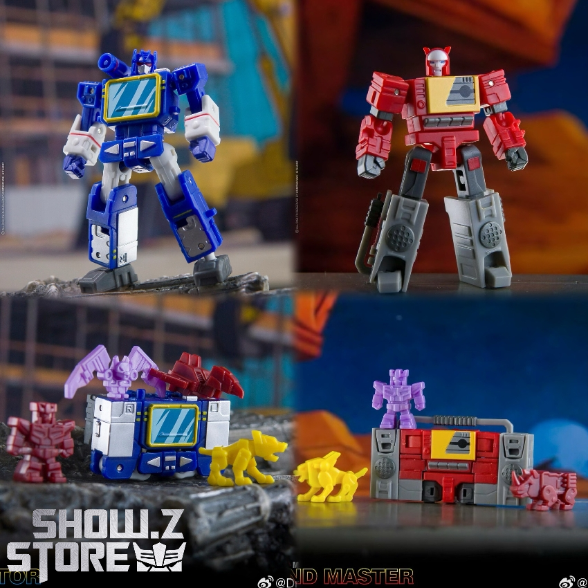 Four cassette robots in various colors displayed together in scene Four cassette robots in various colors displayed together in scene