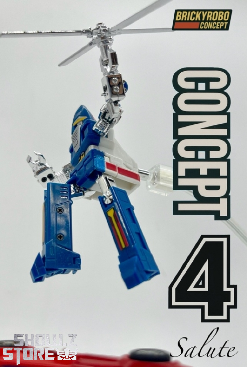 BrickyRobo Concept 4 Salute blue robot figure with helicopter prop BrickyRobo Concept 4 Salute blue robot figure with helicopter prop
