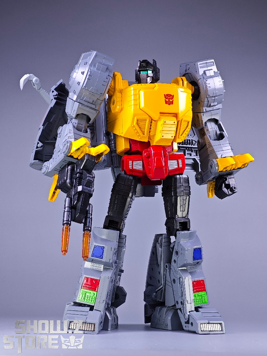Yellow and gray transformer robot complete view Yellow and gray transformer robot complete view